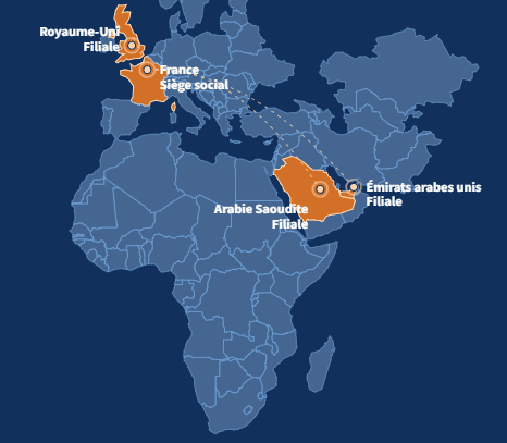 Carte des implantations du groupe PHOEBE en France, au Royaume-Uni, aux Émirats arabes unis et en Arabie Saoudite